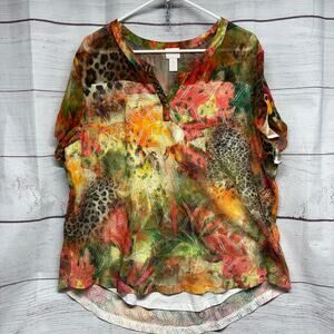 Chico's Size 3 XL Sheer Mixed Print Animal Floral Roll Tab Sleeve Lined Blouse
